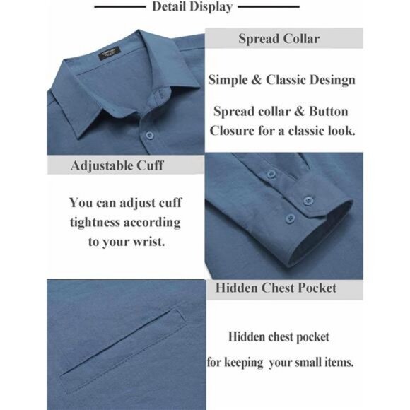 Men's Casual Long Sleeve Button Down Shirts Linen Dress Shirt Beach - Picture 5 of 6